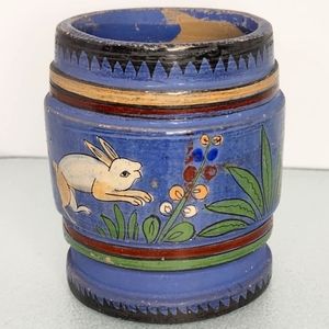 Stamped primitive vintage pottery mug handcrafted Mexico rabbit and bird on blue
